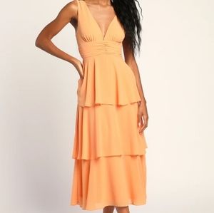 Celebration Time Light Orange Sleeveless Tiered Midi Dress